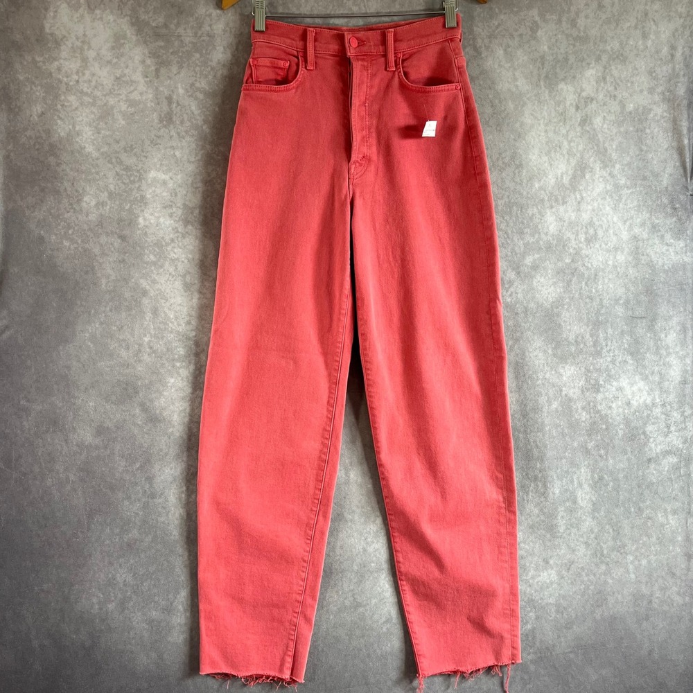 MOTHER Curbside Heel Fray Jeans Women 26 Rose of Sharon Pink High Rise Raw Hem